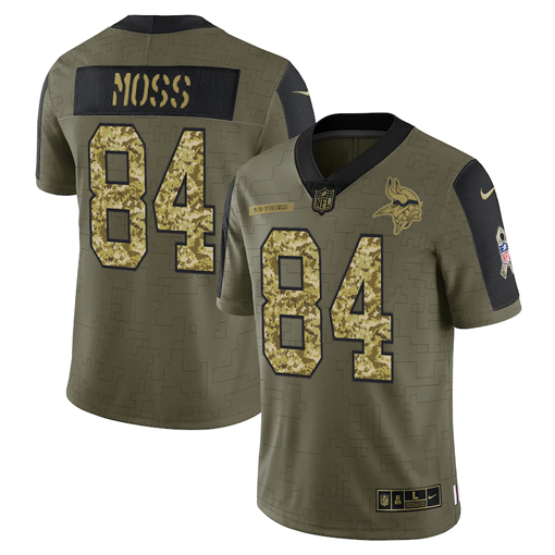 Men's Minnesota Vikings #84 Randy Moss 2021 Olive Camo Salute To Service Limited Stitched Jersey Men's Minnesota Vikings #84 Randy Moss 2021 Olive Camo Salute To Service Limited Stitched Jersey